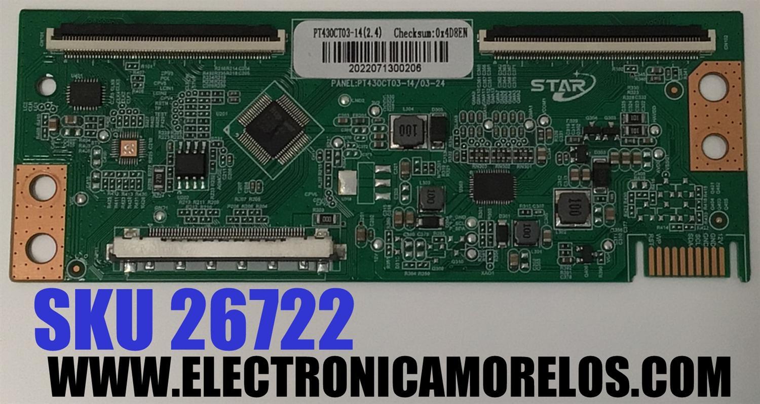 T-CON PARA TV WESTINGHOUSE / NUMERO DE PARTE PT430CT03-14 / PT430CT03-14/03-24 / PT430CT03-14 (2.4) / 2022071300206 / PANEL  HK430WLEDM-JH6PH / DISPLAY PT430CT03-14 VER.2.4 / MODELO WR43FX2210