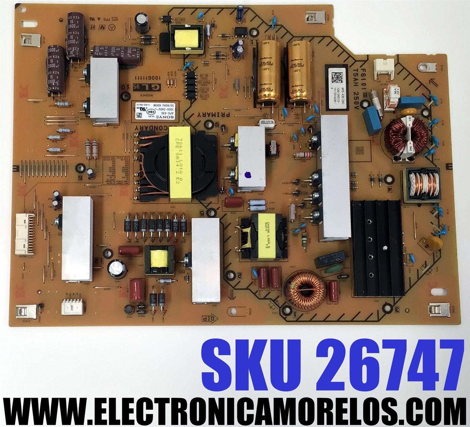 FUENTE DE PODER PARA TV SONY / NUMERO DE PARTE 100139013 / 100611111 / APS-430 / APS-430 (CH) / F6101 / T5AH / 19112016258A / PANEL YM9F065CNO01 / MODELO XBR-65X800G / XBR65X800G