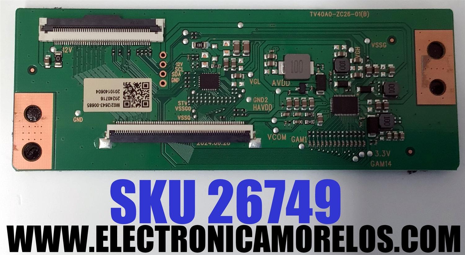 T-CON PARA TV ONN / NUMERO DE PARTE 513C40A0M02 / TV40A0-ZC26-01(B) / 20240716 / 2010140604 / M02/2643-00685 / DISPLAY HV400FHB-F11 REV.2.0 / MODELO 100058007 (40")