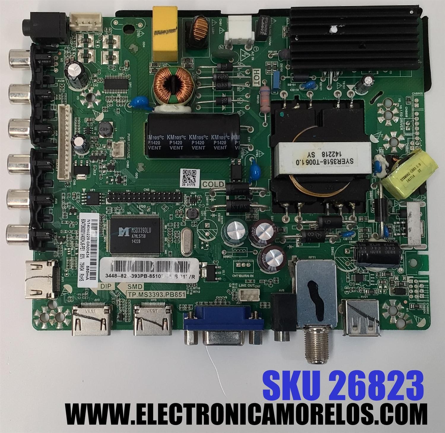 MAIN FUENTE ((COMBO)) PARA TV DIGITREX / NUMERO DE PARTE 8140502208 / TP.MS3393.PB851 / N14060229 / 6047360001 / 3448-821-393PB / 85103-146S-0177R / TP.MS3393.PB851B / 821-393PB-85103 / PANEL HK395WLEDM-CH03H / DISPLAY V400HJ6-PE1 / MODELO DX40FKM