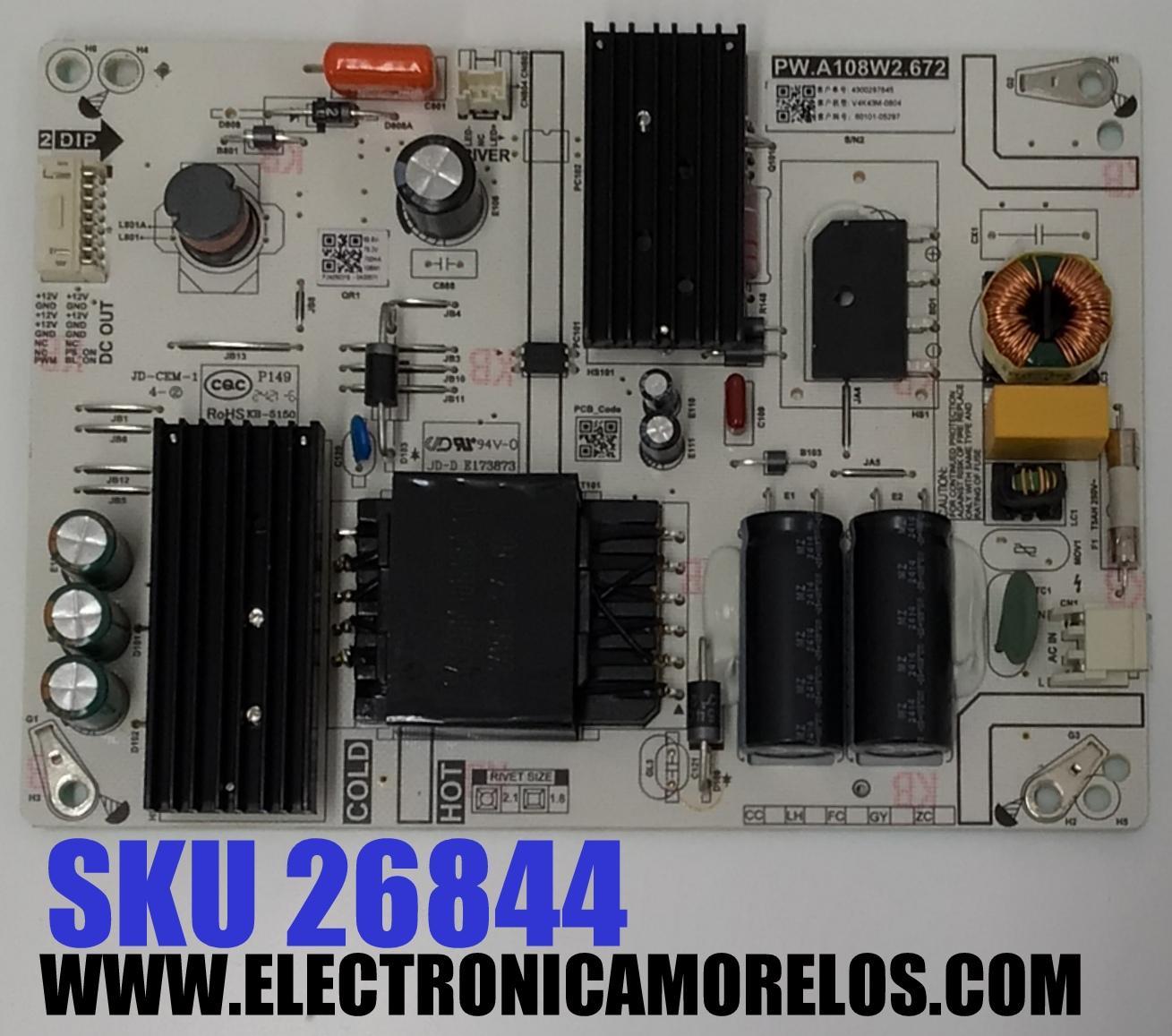FUENTE DE PODER PARA TV VIZIO / NUMERO DE PARTE 60101-05297 / PW.A108W2.672 / 4300297845 / P24050319 / 0A00071 / PANEL BOEI430WQ1 / DISPLAY HV430QUB-F70 / MODELO V4K43M-0804 / V4K43M-0804 LBVFT7HA