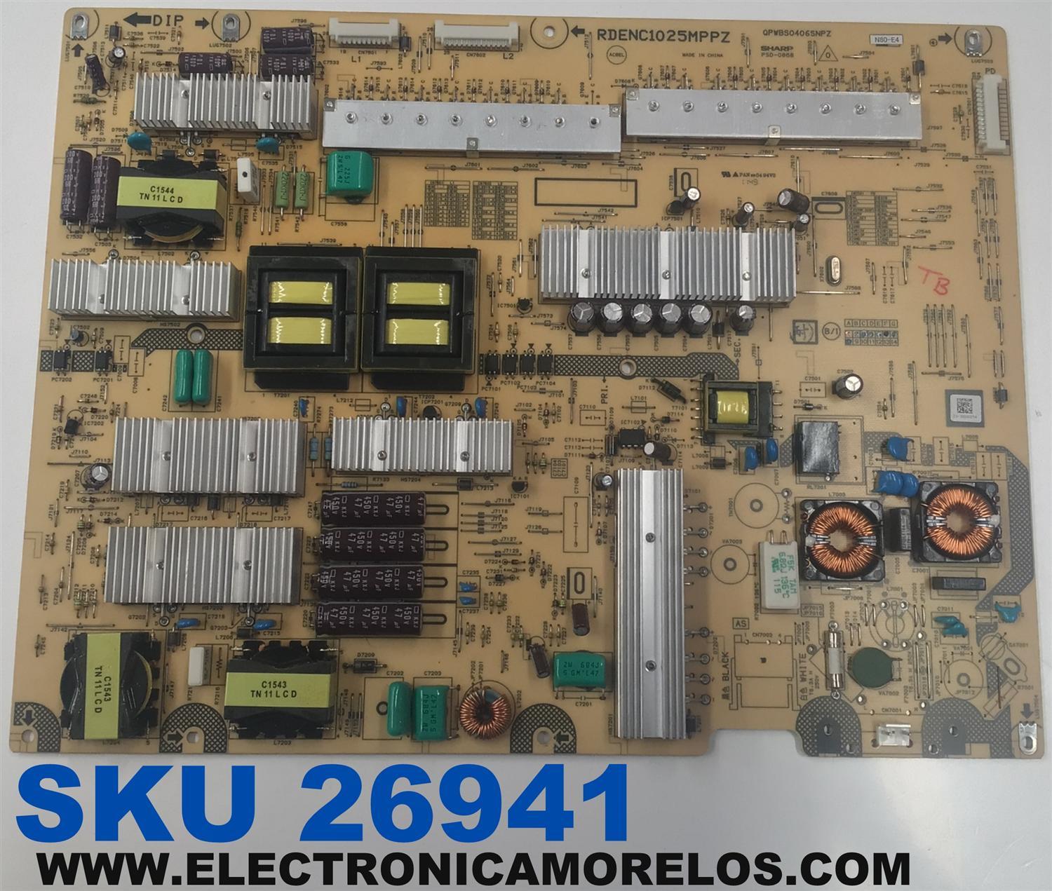 FUENTE DE PODER PARA MONITOR SHARP ORIGINAL / NUMERO DE PARTE RDENC1025MPPZ / QPWBS04065NPZ / PSD-0868 / N80-E4 / 21-000027A / MODELO L802B 80"