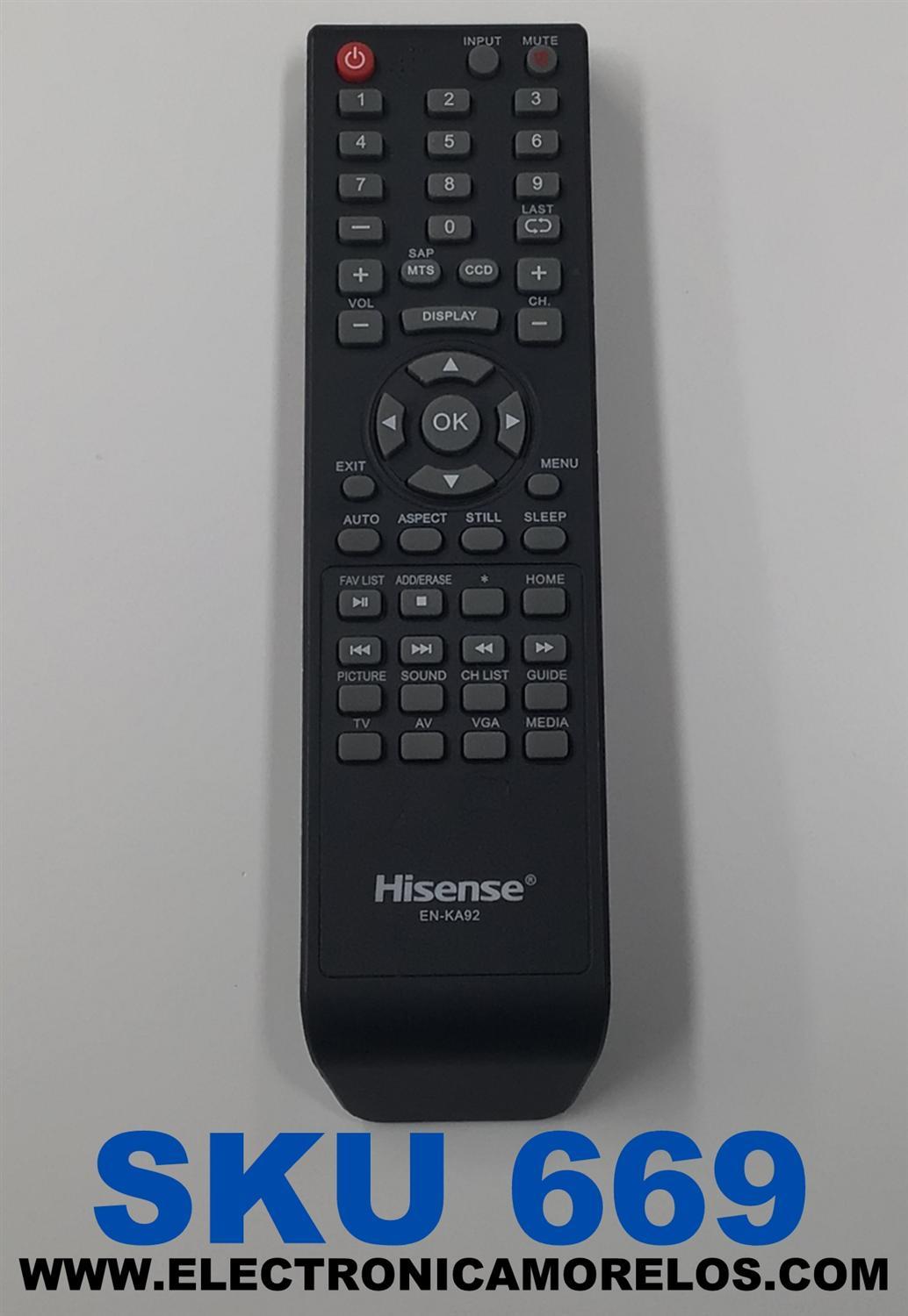 CONTROL REMOTO PARA TV HISENSE ORIGINAL / NUMERO DE PARTE EN-KA92 / 175873 / XHY20160912 / IEC R03 / MODELOS 32d37 / 32h3b1 / 32h3b2 / 32h3 C / 32h3e / 40h3b / 40h3 C / 40h3e