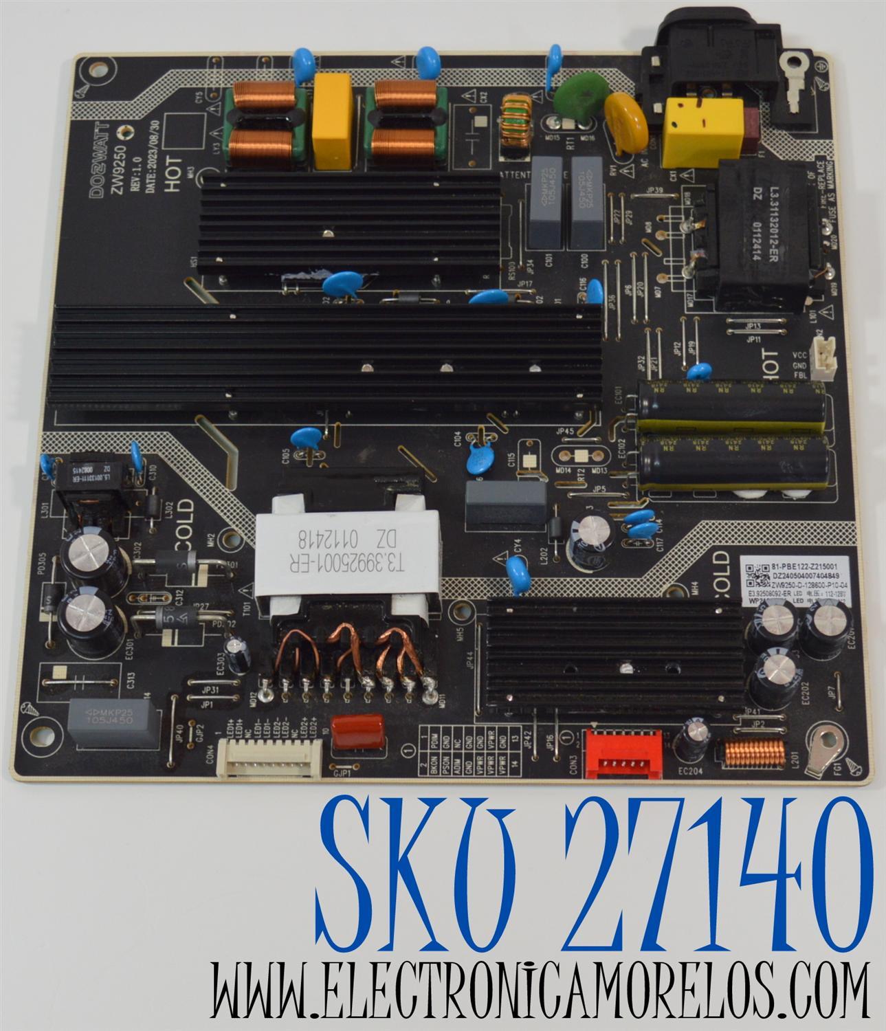 FUENTE DE PODER ORIGINAL NUEVA PARA TV YANDEX TV / NUMERO DE PARTE 81-PBE122-Z215001 / ZW9250 / E3.92508092-ER / ZW9250 REV:1.0 / ZW9250-D-128600-P10-04 / WP24040074 / WP24040074 / CQC21134290602 / MODELO 65YNDX-00077