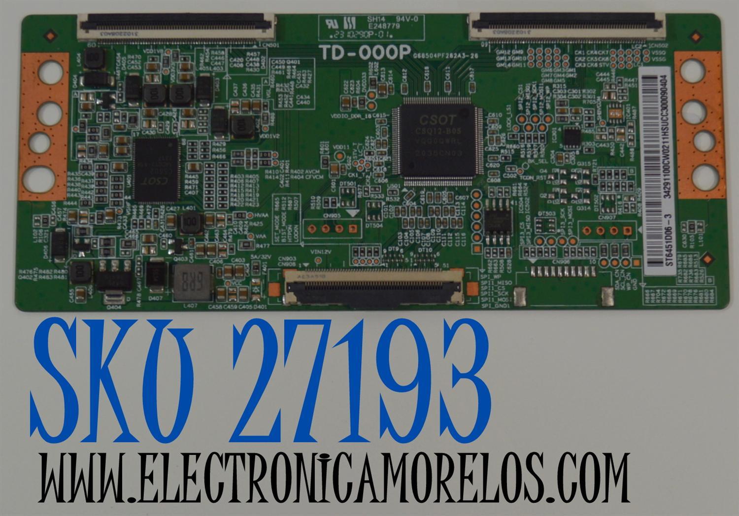 T-CON ORIGINAL NUEVA PARA TV HKPRO / NUMERO DE PARTE 34291100CW0211 / 34291100CW02 / 34.29110.0CW / TD-000P / ST6451D06-3 / 34291100CW0211HSUCC / G68504PF262 / PANEL K650WDGF / DISPLAY ST6451D06-3 VER.2.1 / MODELOS HKP65RUHD1 / 4T-C65EL8UR / 65PUL7973/F7