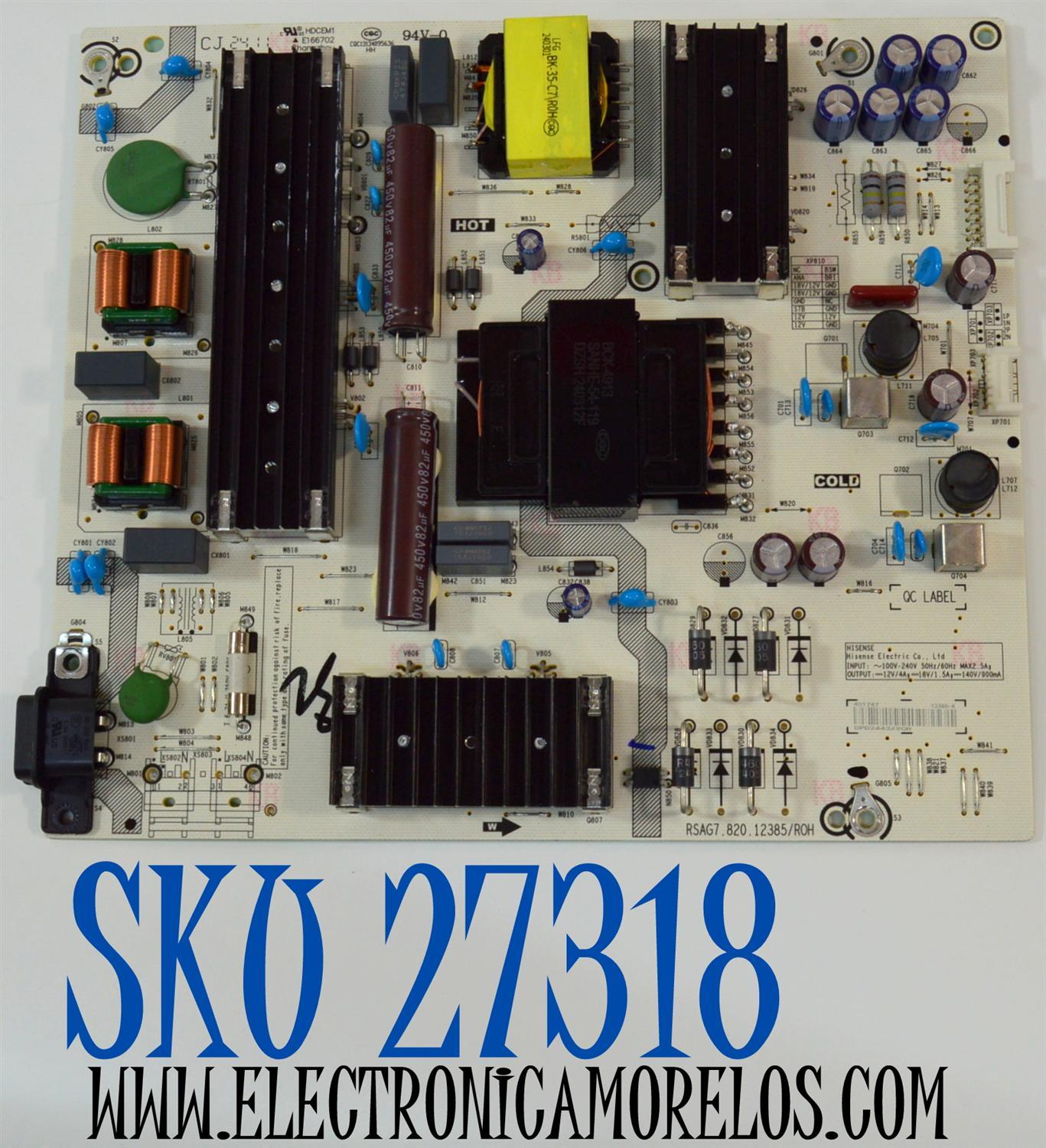 FUENTE DE PODER ORIGINAL PARA TV HISENSE / NUMERO DE PARTE 401747 / RSAG7.820.12385/ROH / CQC13134095636 / 12385-K / HDCEM1 / PANEL HD650H1U74-T0L7B6 / DISPLAY HV650QUB-E75 REV.2.0 / MODELO 65QD7N / 65QD6N