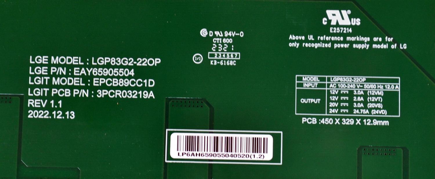 SUB FUENTE DE PODER ORIGINAL PARA TV LG / NUMERO DE PARTE EAY65905504 / 3PCR03219A / LGP83G2-22OP / EPCB89CC1D / 65905504 / PANEL LE830AQG (LQ)(B1) / MODELO OLED83G3PUA / OLED83G3PUA.BUSYLJR - Imagen 2