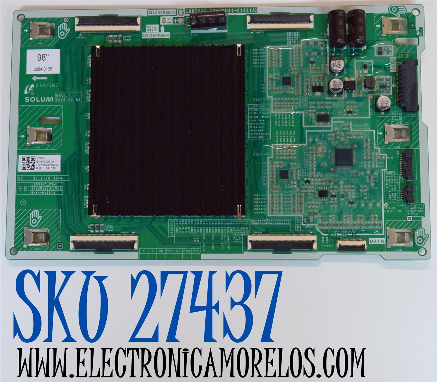 LED DRIVER ORIGINAL PARA TV SAMSUNG / NUMERO DE PARTE BN44-01231A / L98S8NC_CSM / ST98P361H1/WVD / BN4401231A / PANEL CY-TC098FKEV1H / DISPLAY HV980QUB-S1A / BOARD 100418278C0699A / 47.6004707 / 100418281C0699A / MODELO QN98Q80CDFXZA BA02