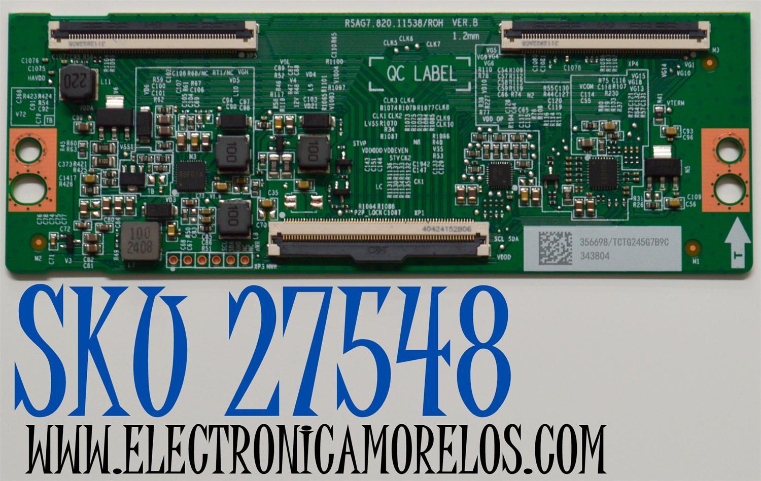 T-CON ORIGINAL PARA TV HISENSE / NUMERO DE PARTE 356698 / RSAG7.820.11538/ROH VER.B / 343804 / TCTG245G7B9C / H41802PNS86A1 / PANEL HD650H1U73-T0L1B6\R / DISPLAY HV650QUB-F72 REV.2.0 / MODELO 65A6N / 65R6E4 / 65A65NV / 65A6NV