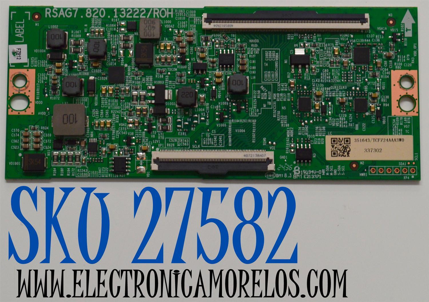 T-CON ORIGINAL PARA TV HISENSE / NUMERO DE PARTE 337302/ RSAG7.820.13222/ROH / 351643 / TCFZ24AAA3W0 / PANEL HD850HIU52-T0LF\ROH / DISPLAY T850QVN03.7 / BOARD 85T14 S18 XR / 85T14 S0P XC / 85T14 S19 XL / MODELO 85QD75N