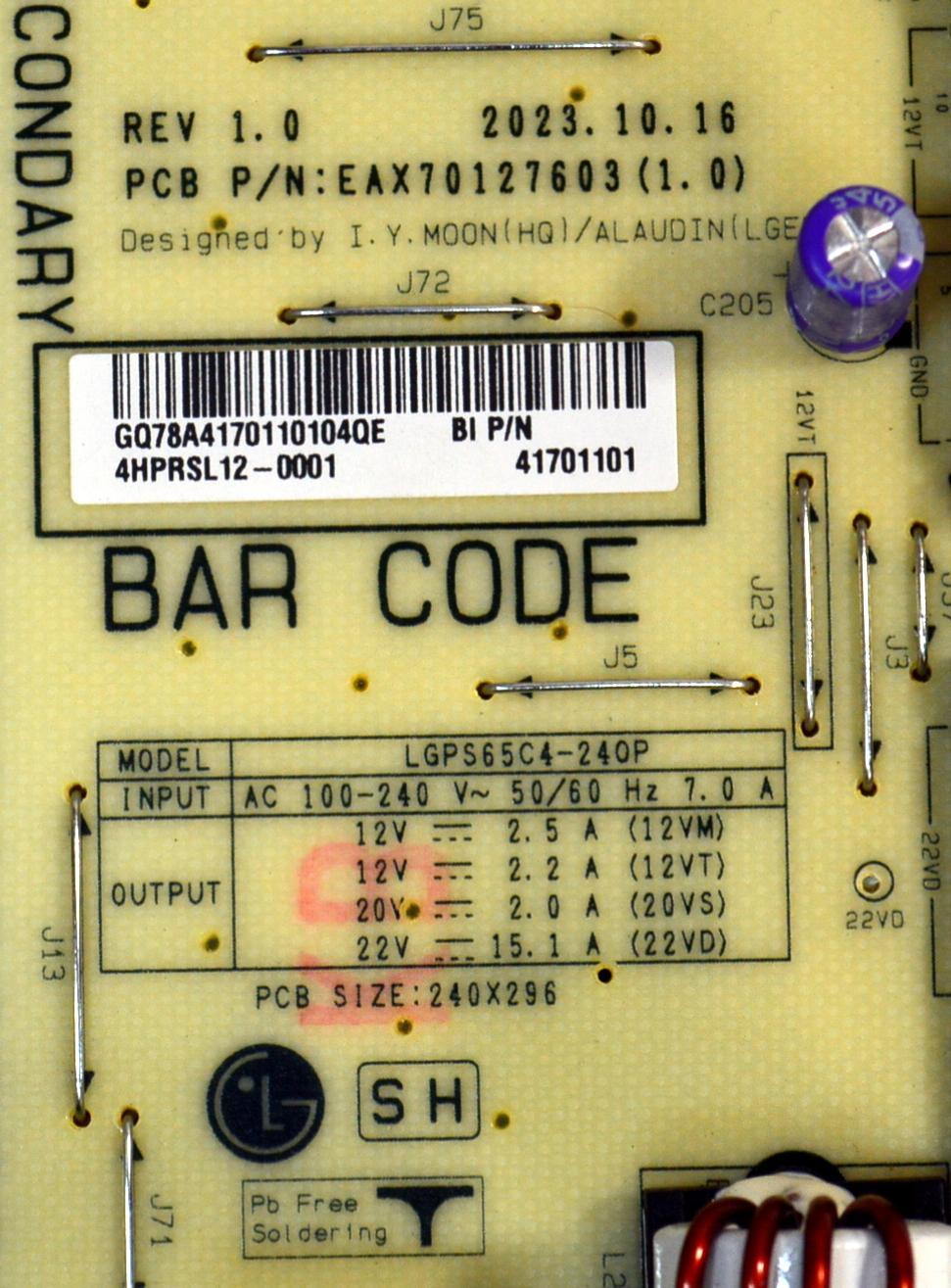 FUENTE DE PODER ORIGINAL PARA TV LG / NUMERO DE PARTE 41701101 / EAX70127603 / EAX70127603(1.0) / LGPS65C4-24OP / MODELO OLED65C4AUA / OLED65C4AUA.DUSQLJR - Imagen 2