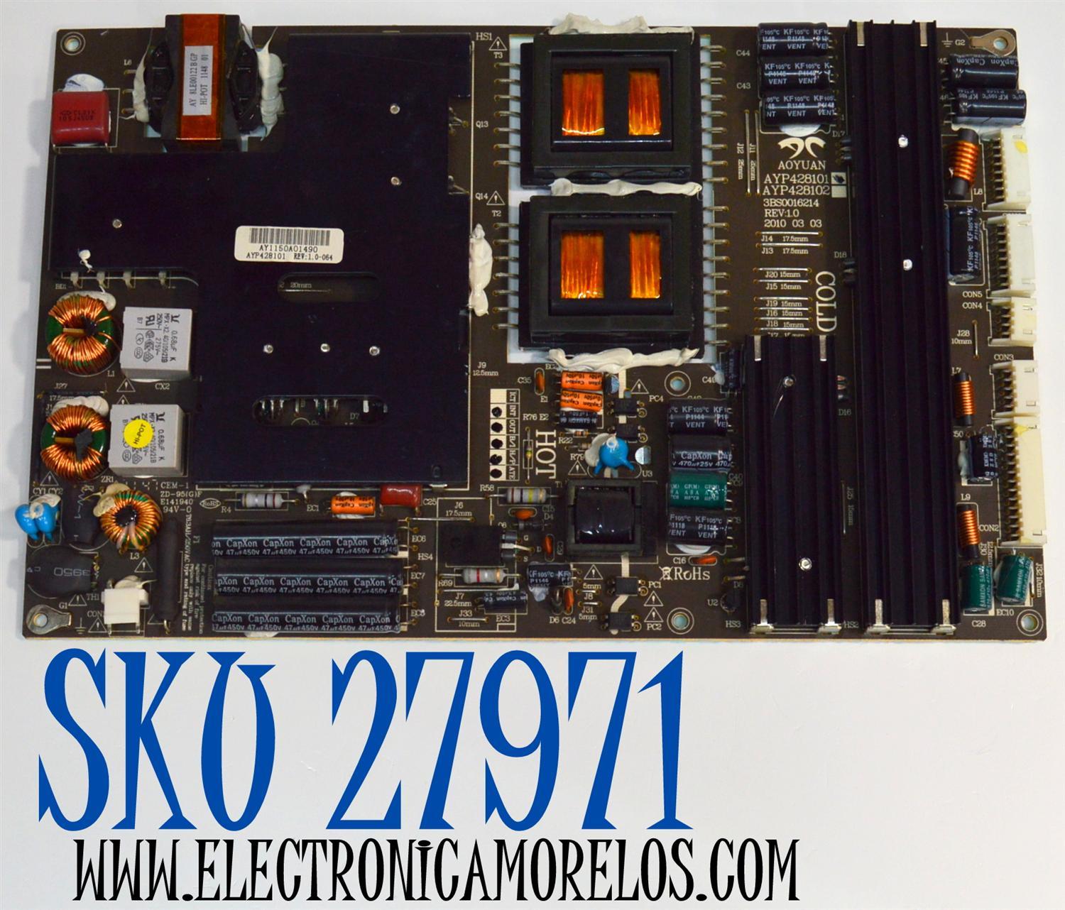 FUENTE DE PODER ORIGINAL PARA TV COBY / NUMERO DE PARTE AYP428101 / 3BS0016214 / AY1150A / PANEL LTA550HQ14 / MODELO LED3DTV5586
