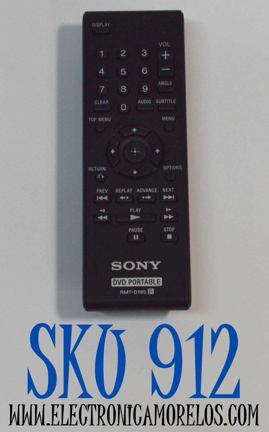 CONTROL REMOTO ORIGINAL PARA REPRODUCTORES DE DVD PORTATILES SONY / NUMERO DE PARTE RMT-D195 / Y 1048 130607 / 1-487-884-11 / MODELO DVP-FX750 / DVP-FX94 / DVP-FX950 / DVP-FX96 / DVP-FX970 / DVP-FX980
