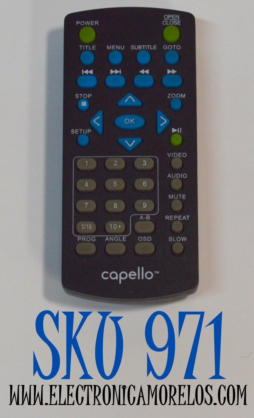 CONTROL REMOTO ORIGINAL PARA REPRODUCTOR DE DVD CAPELLO / NUMERO DE PARTE CAP001 / MBE345 / MODELO CVD2216 / CVD2216BLK / CVD2216PNK / MVD-2040