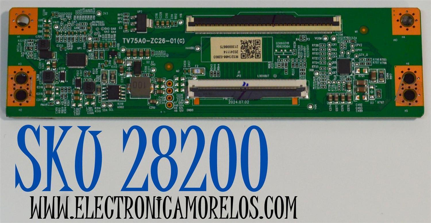T-CON ORIGINAL PARA TV ONN / NUMERO DE PARTE 513C75A0M32 / TV75A0-ZC26-01(C) / M32/3466-02803 / 2130006675 / 303C75A0233 / PANEL JR645R3HD1K / DISPLAY JR645R3HD1K / MODELO 100012587 65"