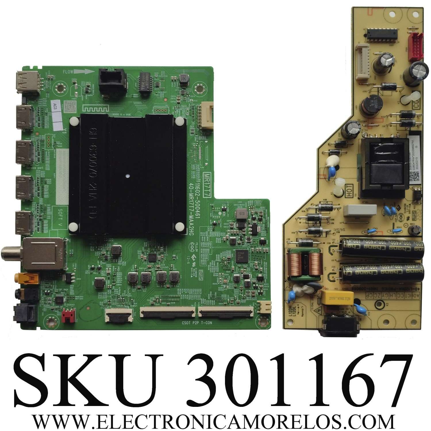 KIT DE TARJETAS PARA TV TCL / MAIN 30800-800515 / 40-MR17T7-MAA2HG / 11602-500461 / FUENTE 30805-00154 / 40-L12DH4-PWD1CG / 11601-500069 / PANEL LVU500NDEL HS9W46 / MODELO 50S455