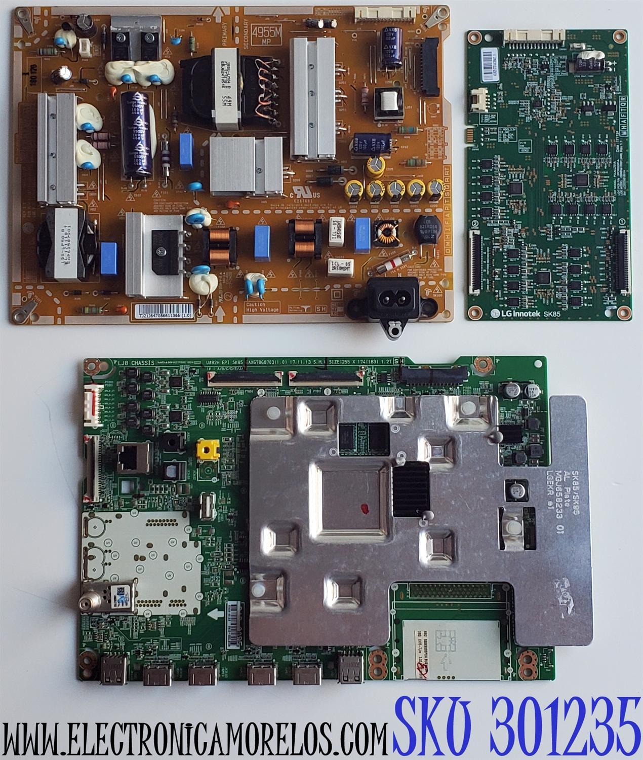 KIT DE TARJETAS PARA TV LG 4K·UHD·HDR / MAIN EBT65180503 / EAX67868703 / LED DRIVER EBR85415501 / 3PCR02201A / PCLK-L701A / LC55D961001A / FUENTE EAY64708661 / EAX67703101 / LGP4955M-18SP / PANEL HC550DQB-SLUA1 / MODELO 55SK9000PUA / 55SK9000PUA.BUSWLJR
