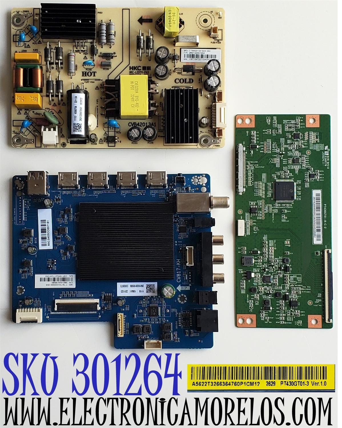 KIT DE TARJETAS PARA WESTINGHOUSE·ROKU TV / MAIN 260102018580 / CV817-KH / 7.T817KH220000.0D0 / T-CON 2601620045920G / PT430GT01-8-C-2 / FUENTE 260132007050 / CVB42013A1 / HKC-LEDTV-P43 / DISPLAY PT430GT01-3 VER.1.0 / HK430WLEDM-JH4KH / MODELO WR43UX4210