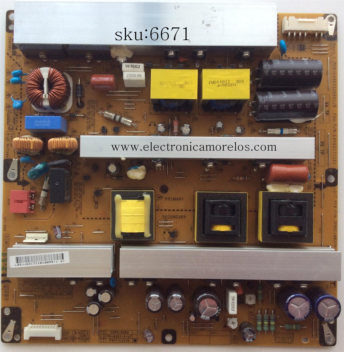FUENTE DE PODER / LG EAY62171101 / 62171101 / EAX63329901/8 / 3PAGC10037A-R / MODELO 50PT350-UD.AUSLLUR	