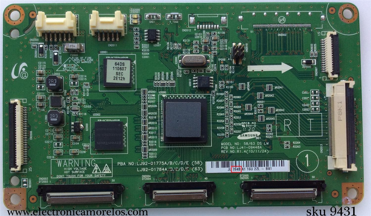 MAIN LOGICA / SAMSUNG 784B / LJ92-01784B / LJ41-09448A / PARTE QUE PUEDE SER COMPATIBLE LJ92-01784A / PANEL S63FH-YB06 / MODELOS PN64D550C1FXZA / PN64D7000FFXZA / PN64D8000FFXZA I101 / PN64D7000FFXZA I201